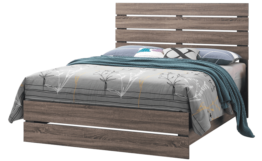 Rice Furniture & Design Center | pallet style wood bed in light gray with colorful bedding of gray, cream, purple, and teal Rice Furniture & Design Center | pallet style wood bed in light gray with colorful bedding of gray, cream, purple, and teal