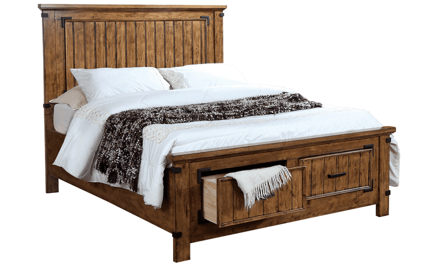 Rice Furniture & Design Center | wood bed with a tall headboard and black and white bedding with built-in drawers Rice Furniture & Design Center | wood bed with a tall headboard and black and white bedding with built-in drawers